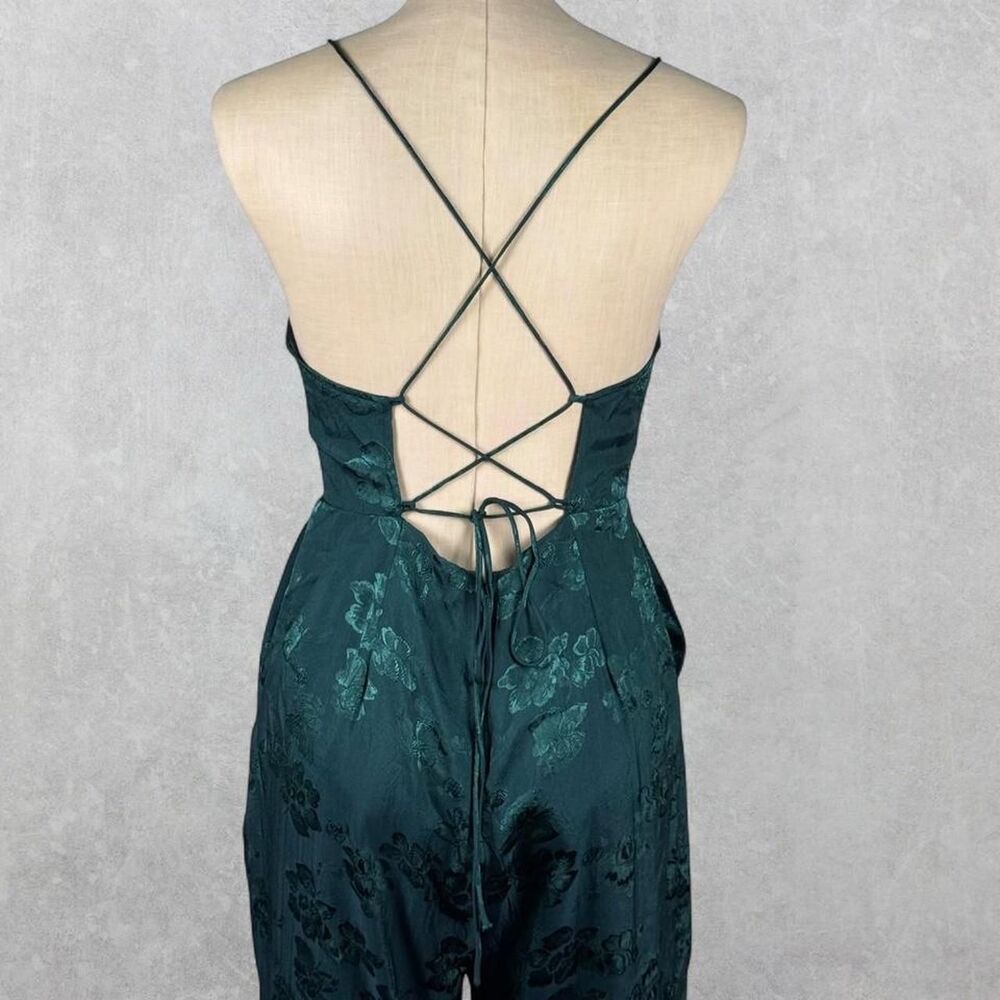 Urban Outfitters Emerald Green “Lily” Floral Jacquard Lace-Up Jumpsuit - Picture 7 of 8